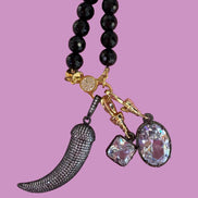 Collana TALISMANI - black - ONICE  mm 8 - chiusura gioiello argento 925 - cm 60 - 3 charms Corno e Luce