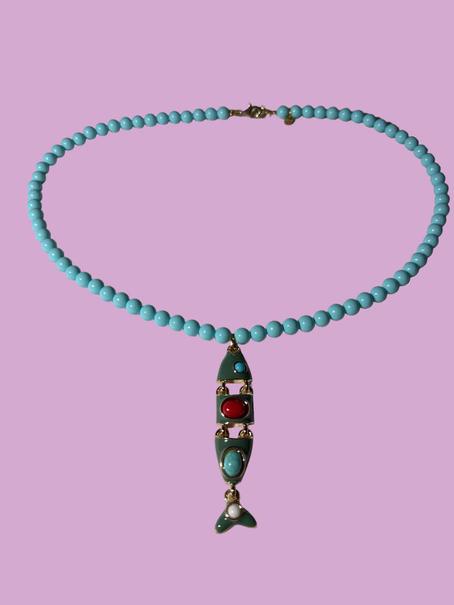 Collana POISSONS - turchese mm 6- chiusura argento 925 -  pesciolino snodato smaltato