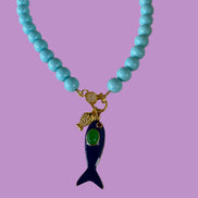 Collana OCEANO - Turchese  mm 10 - chiusura gioiello argento 925 - cm 60  pesce smalto blu