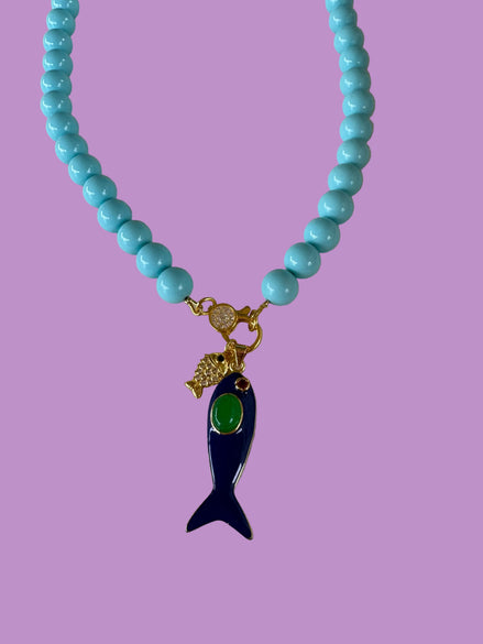 Collana OCEANO - Turchese  mm 10 - chiusura gioiello argento 925 - cm 60  pesce smalto blu