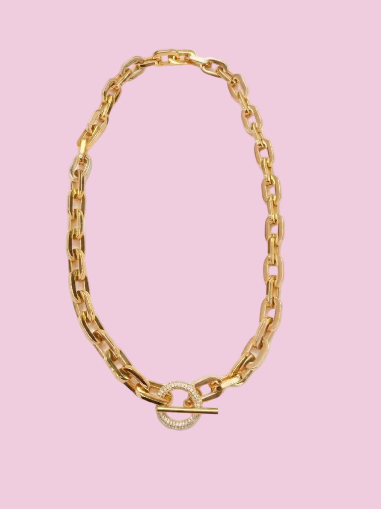 Collana Catena Gold con chiusura a T e zirconi - acciaio