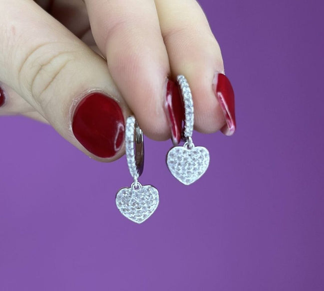 Orecchini  - Hoop anelline argento 925 rodio con cuore pendente