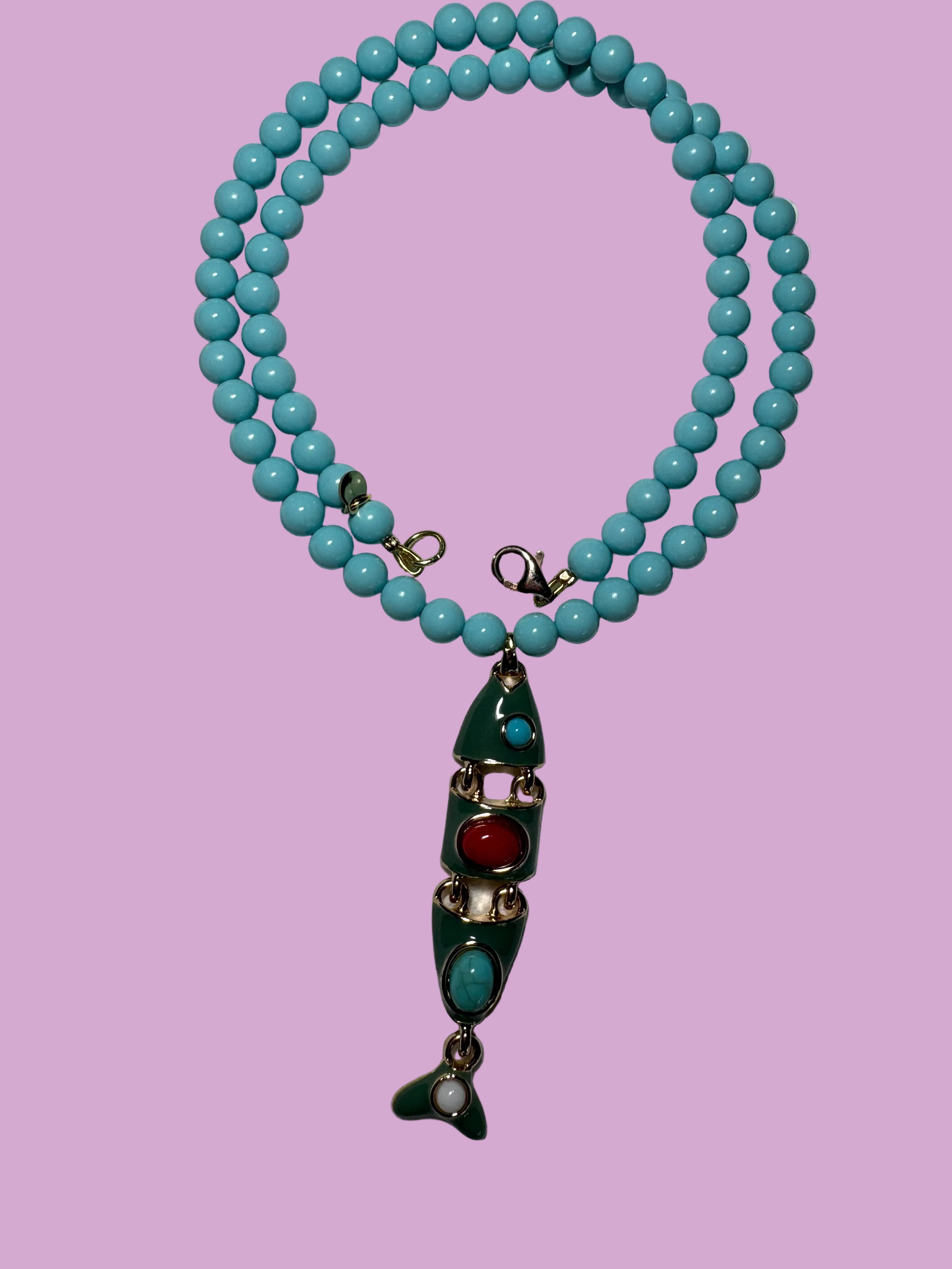 Collana POISSONS - turchese mm 6- chiusura argento 925 -  pesciolino snodato smaltato