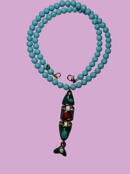 Collana POISSONS - turchese mm 6- chiusura argento 925 -  pesciolino snodato smaltato