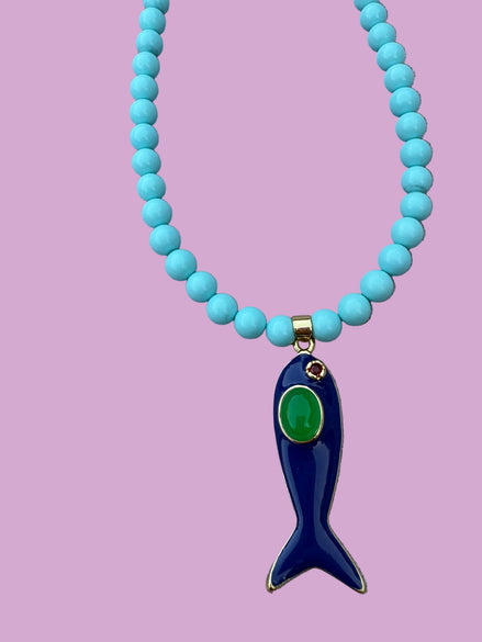 Collana POISSONS - turchese mm 6- chiusura argento 925 -  pesciolino blu smaltato