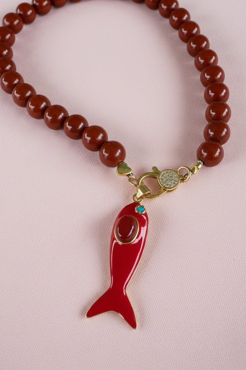 Collana MEDITERRANEA - Corallo rosso   mm 10 - chiusura gioiello argento 925 - cm 60 - pesce smalto rosso