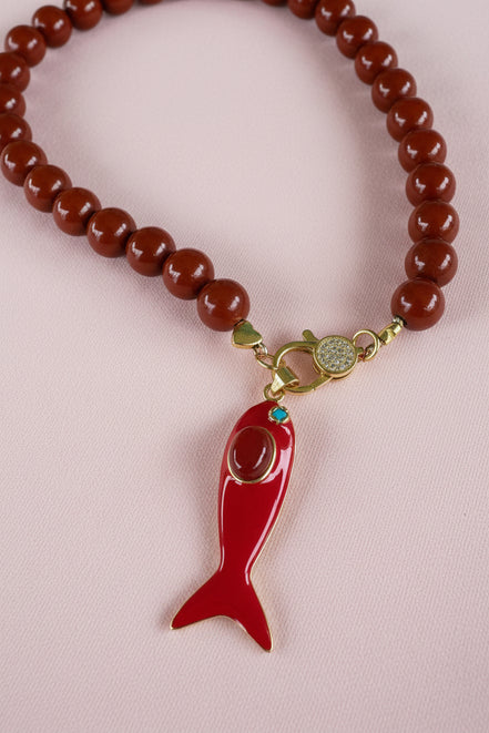 Collana MEDITERRANEA - Corallo rosso   mm 10 - chiusura gioiello argento 925 - cm 60 - pesce smalto rosso