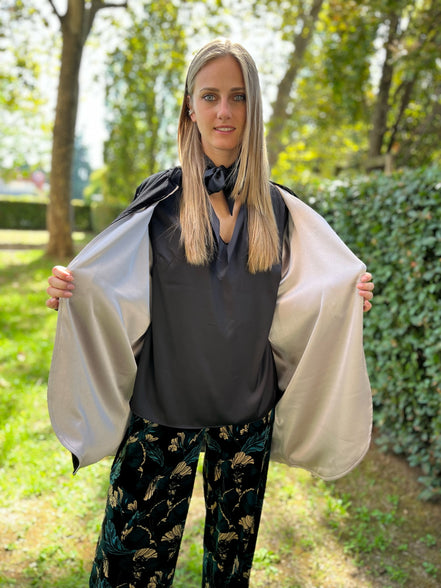 Wu Ming - Cardigan bomber in velluto ciniglia nero e raso jap greige