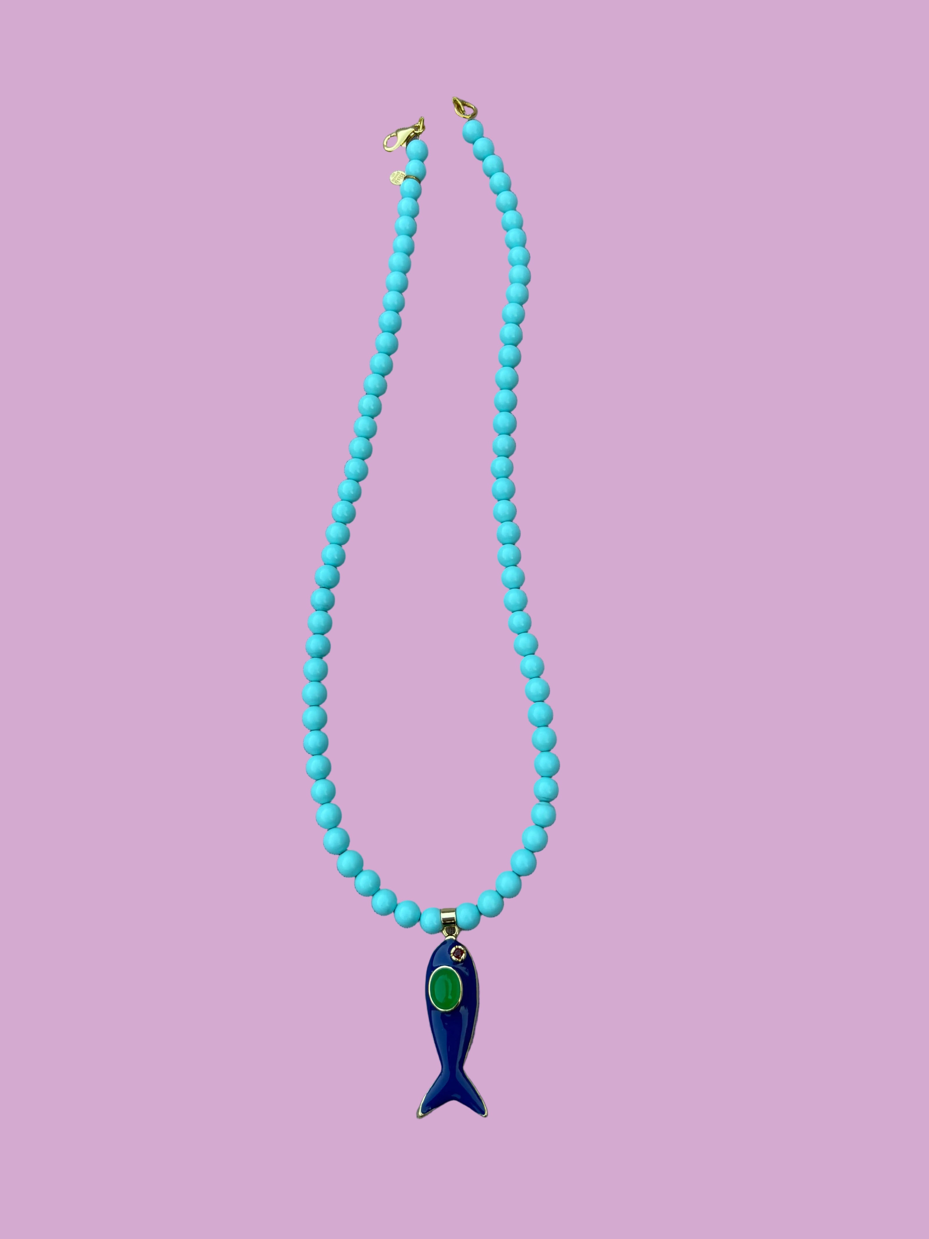 Collana POISSONS - turchese mm 6- chiusura argento 925 -  pesciolino blu smaltato