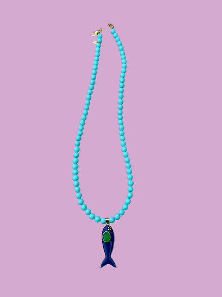 Collana POISSONS - turchese mm 6- chiusura argento 925 -  pesciolino blu smaltato