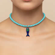 Collana POISSONS - turchese mm 6- chiusura argento 925 -  pesciolino blu smaltato