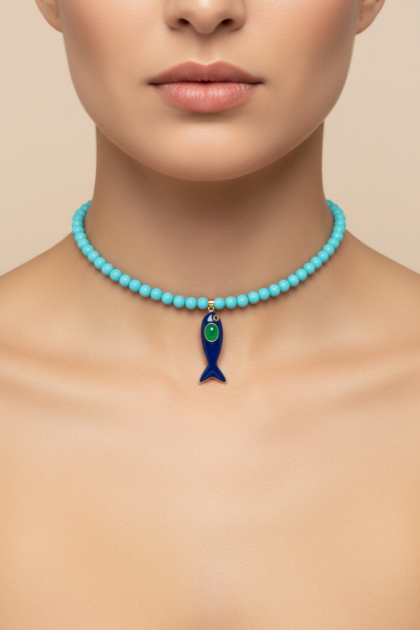Collana POISSONS - turchese mm 6- chiusura argento 925 -  pesciolino blu smaltato