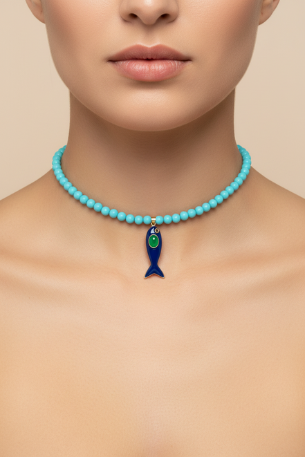 Collana POISSONS - turchese mm 6- chiusura argento 925 -  pesciolino blu smaltato