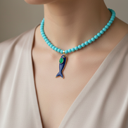 Collana POISSONS - turchese mm 6- chiusura argento 925 -  pesciolino blu smaltato