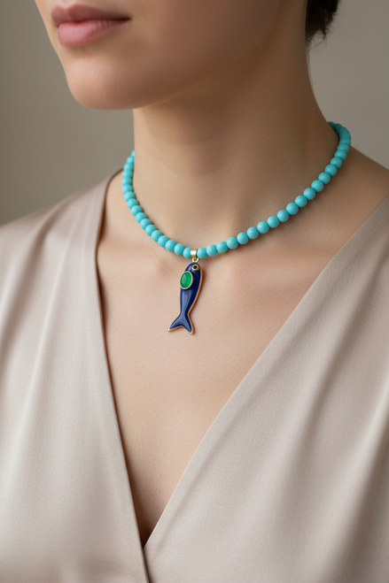 Collana POISSONS - turchese mm 6- chiusura argento 925 -  pesciolino blu smaltato