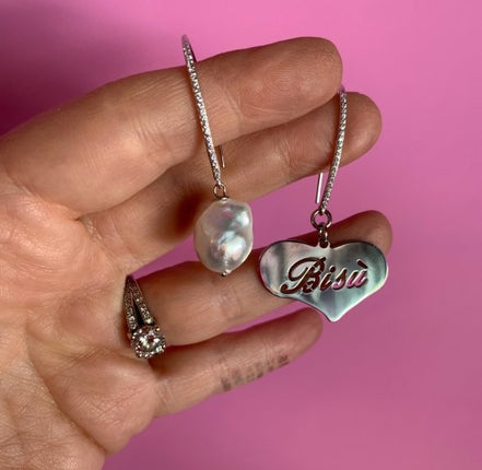 Orecchini asimmetrici  - Cuore Big Heart argento 925e perla coltivata