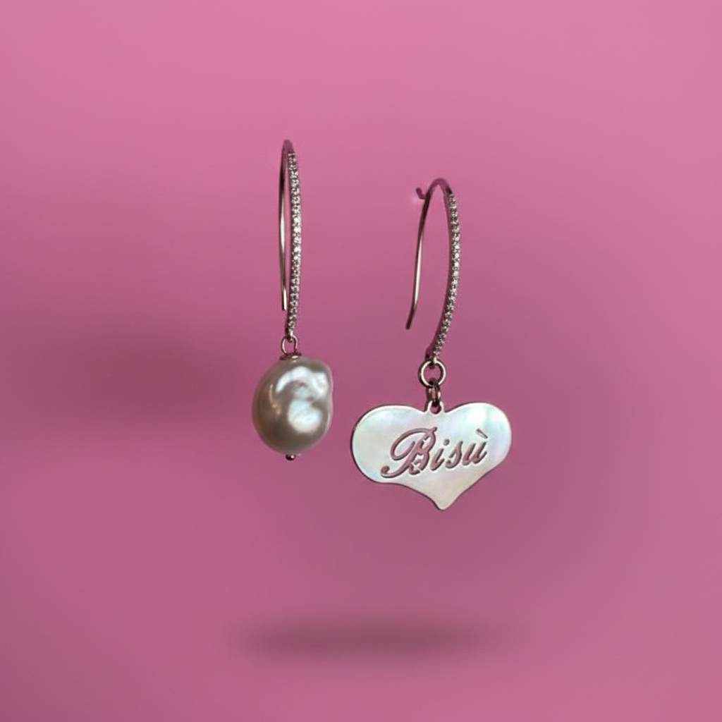 Orecchini asimmetrici  - Cuore Big Heart argento 925e perla coltivata