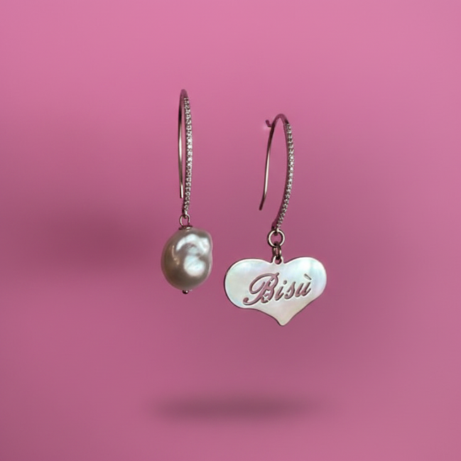 Orecchini asimmetrici  - Cuore Big Heart argento 925e perla coltivata