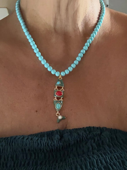 Collana POISSONS - turchese mm 6- chiusura argento 925 -  pesciolino snodato smaltato