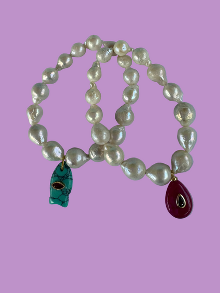 Bracciale Bisette - JAIPUR  OCEANO   Perle coltivate barocche   con charm pesciolino turchese ( con rubellite)
