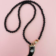Collana TALISMANI - ONICE  mm 6 - chiusura gioiello argento 925- cm 85- charm Corno smaltato nero
