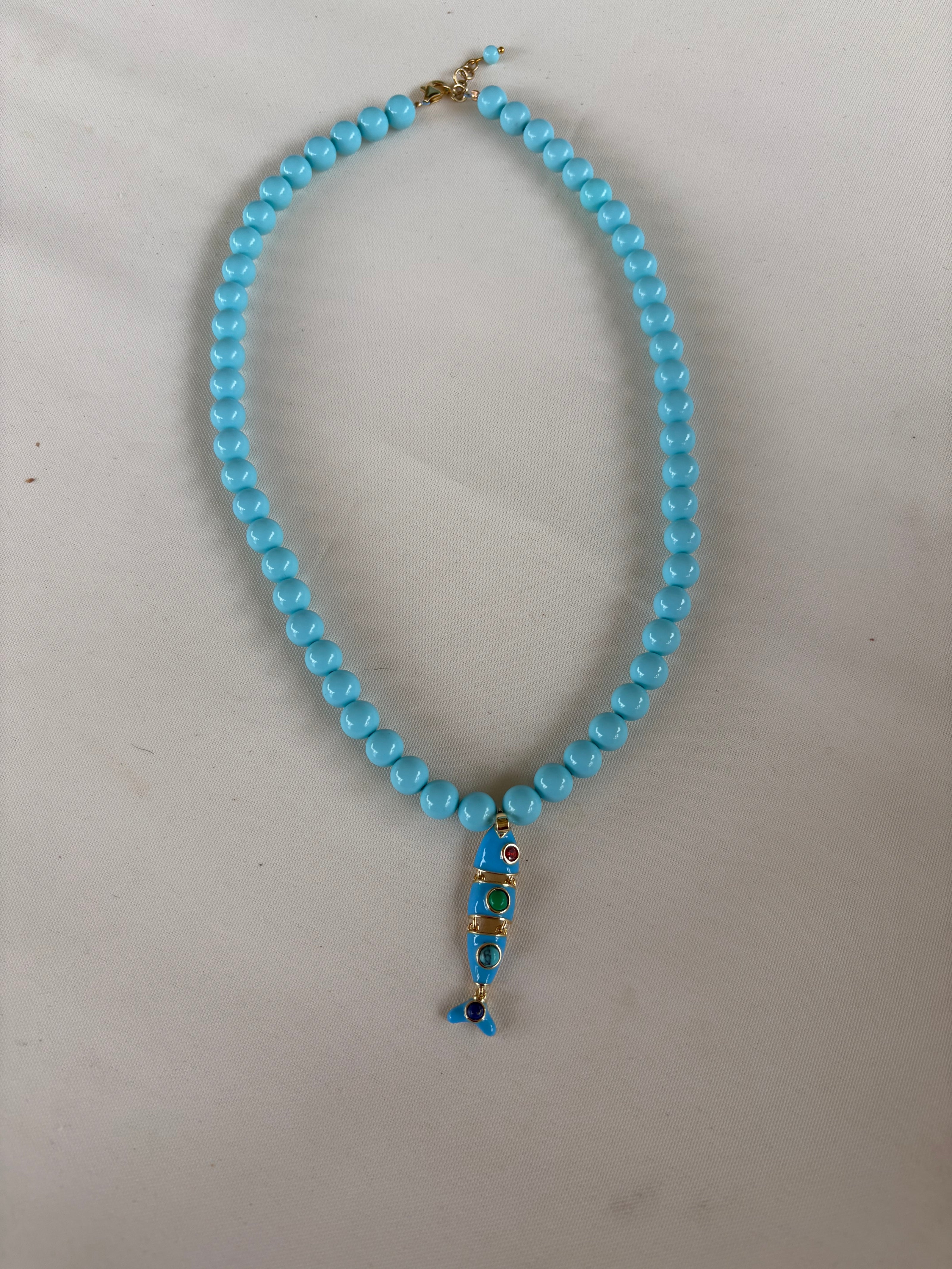 Collana OCEANO - Turchese  mm 8 - chiusura gioiello argento 925 - cm 45  pesce snodato smalto turchese