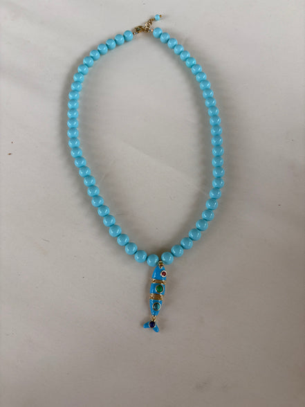Collana OCEANO - Turchese  mm 8 - chiusura gioiello argento 925 - cm 45  pesce snodato smalto turchese