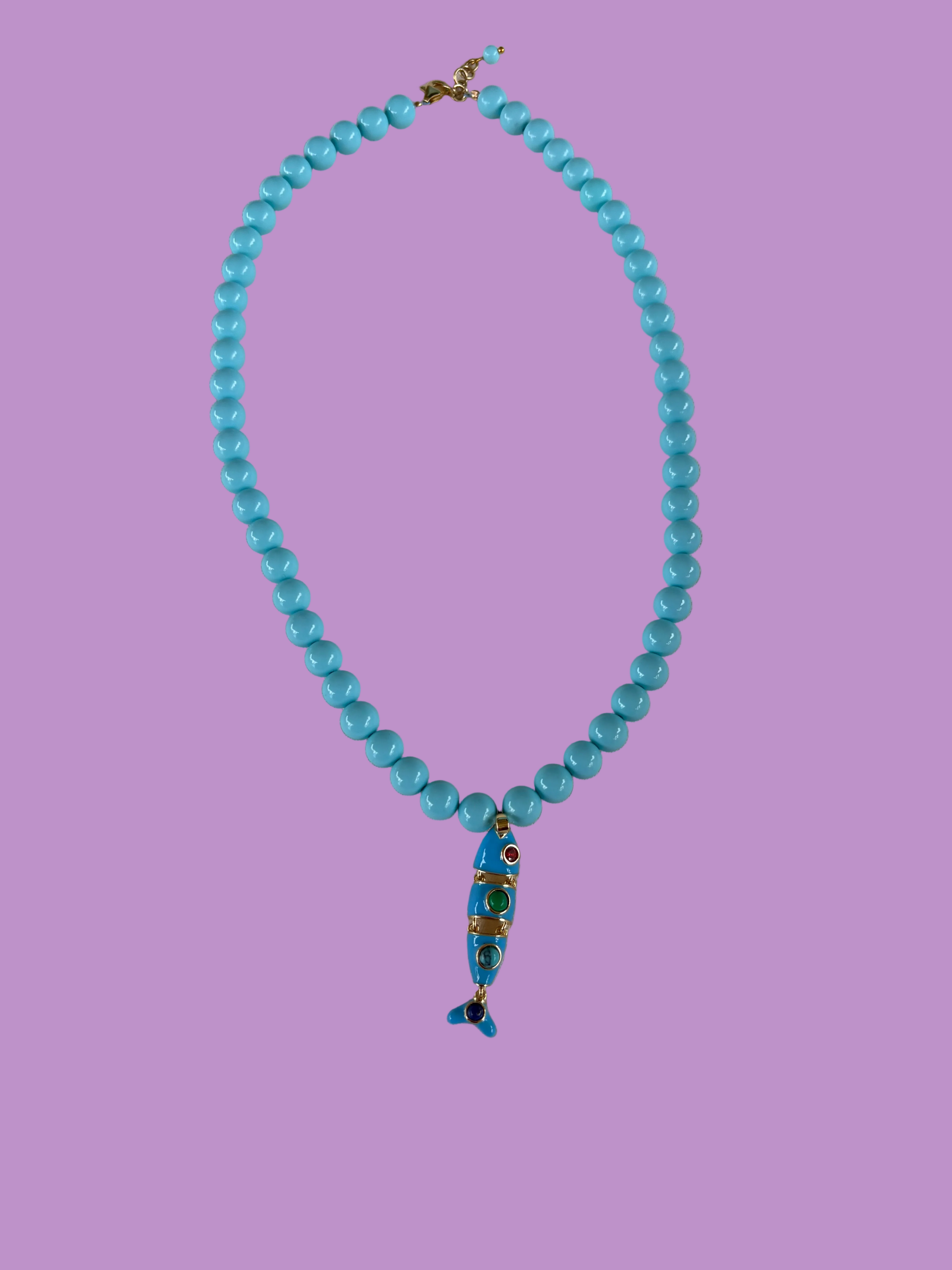 Collana OCEANO - Turchese  mm 8 - chiusura gioiello argento 925 - cm 45  pesce snodato smalto turchese