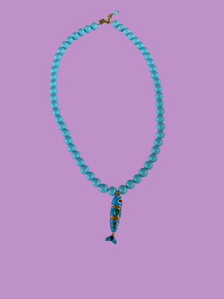 Collana OCEANO - Turchese  mm 8 - chiusura gioiello argento 925 - cm 45  pesce snodato smalto turchese