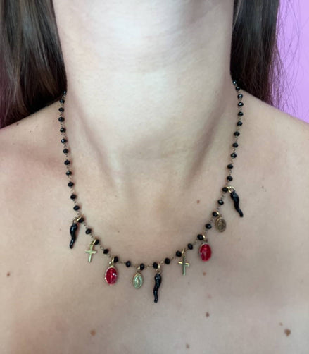 Collana argento oro giallo con miracolose, cornini e croci