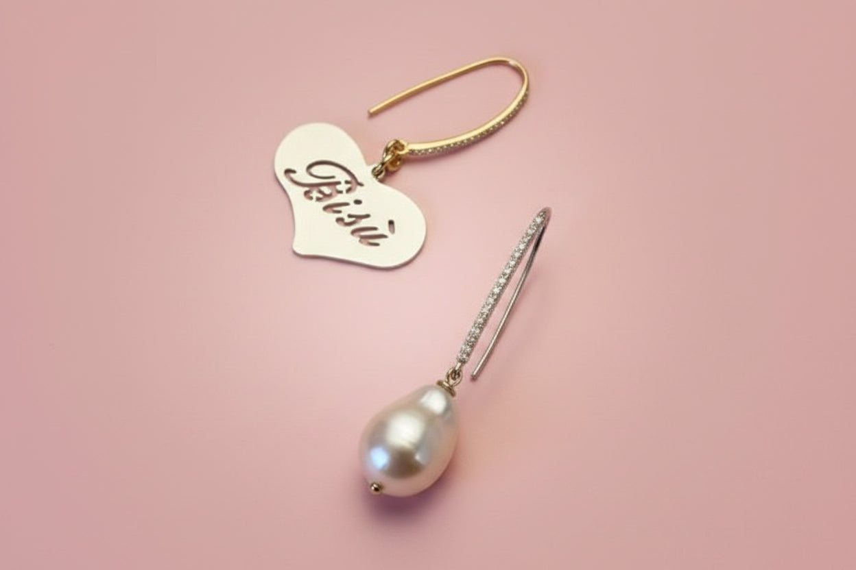 Orecchini asimmetrici  - Cuore Big Heart argento 925e perla coltivata