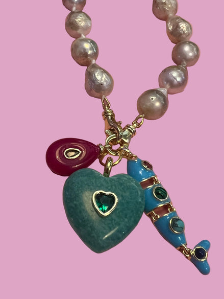 JAIPUR  - Collana sautoir perle barocche e argento 925 doppio moschettone e charms