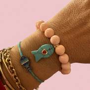 Bracciale Bisette - JAIPUR Medietrranea  corallo rosa   con charm pesciolino turchese (cuore Rubellite )