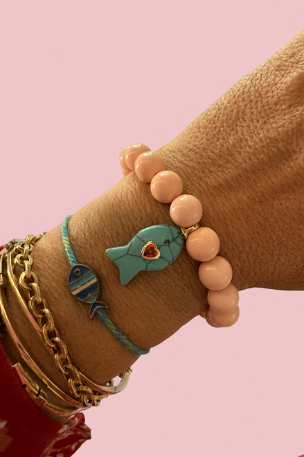 Bracciale Bisette - JAIPUR Medietrranea  corallo rosa   con charm pesciolino turchese (cuore Rubellite )