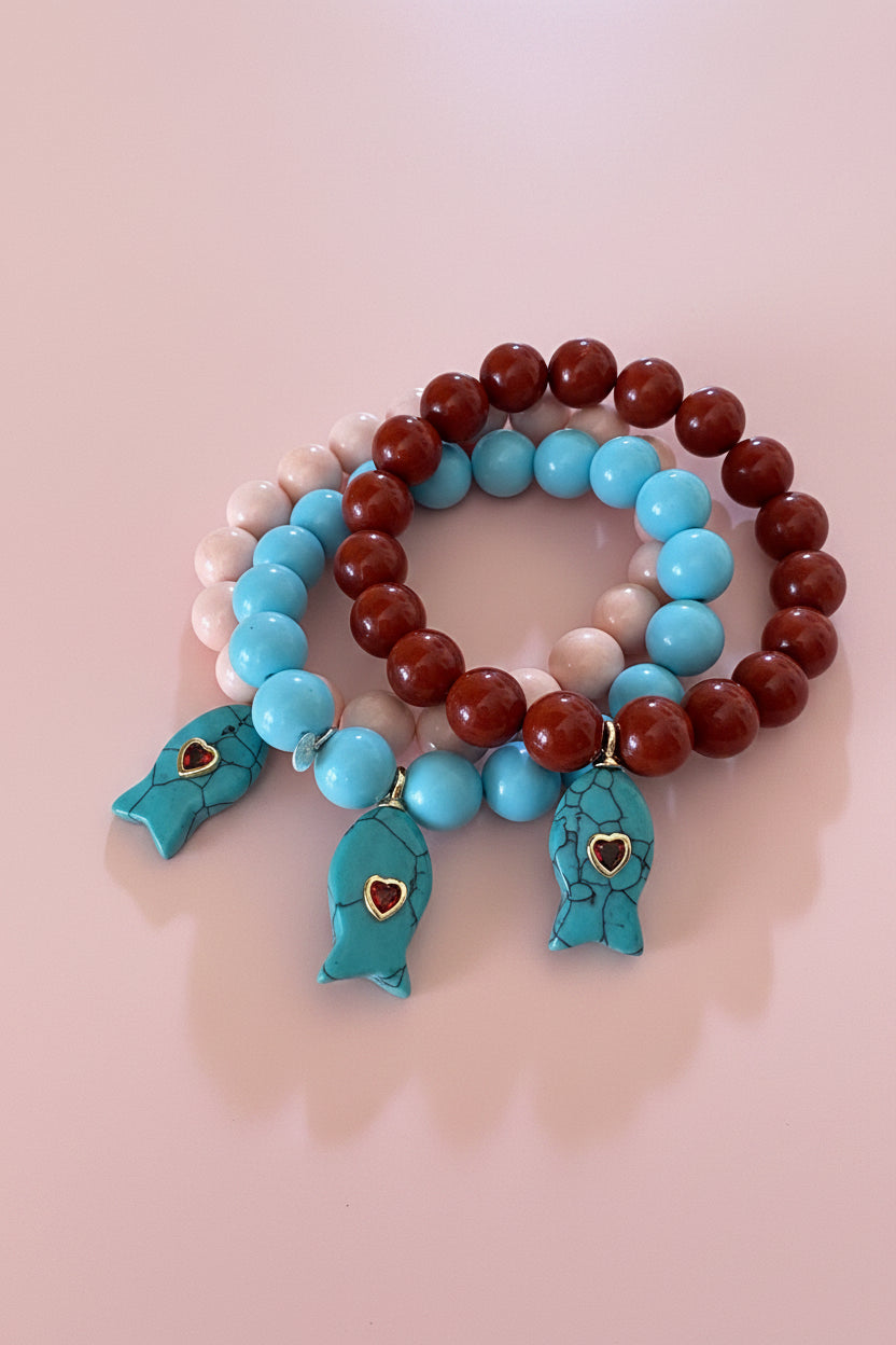 Bracciale Bisette - JAIPUR  OCEANO   turchese  con charm pesciolino turchese (cuore rubellite)