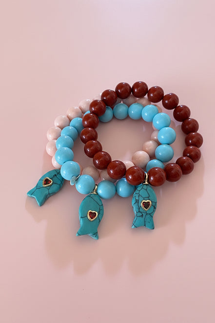 Bracciale Bisette - JAIPUR  OCEANO   turchese  con charm pesciolino turchese (cuore rubellite)