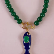 Collana OCEANO- AGATA VERDE mm 8 - chiusura gioiello argento 925 - cm 60 - pesce smalto blu