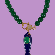 Collana OCEANO- AGATA VERDE mm 10- chiusura gioiello argento 925 - cm 60 - pesce smalto blu