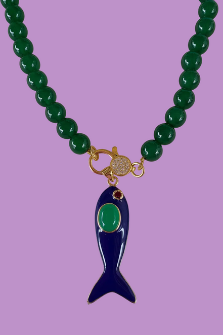 Collana OCEANO- AGATA VERDE mm 10- chiusura gioiello argento 925 - cm 60 - pesce smalto blu