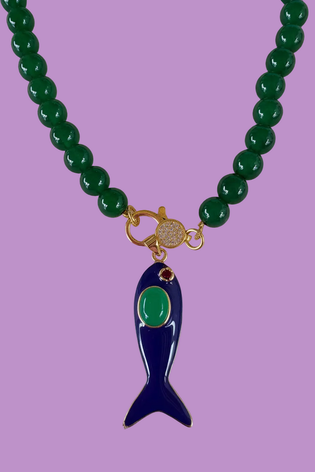 Collana OCEANO- AGATA VERDE mm 10- chiusura gioiello argento 925 - cm 60 - pesce smalto blu