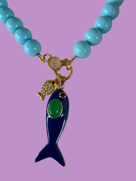 Collana OCEANO - Turchese  mm 10 - chiusura gioiello argento 925 - cm 60  pesce smalto blu