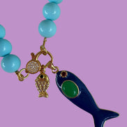 Collana OCEANO - Turchese  mm 10 - chiusura gioiello argento 925 - cm 60  pesce smalto blu