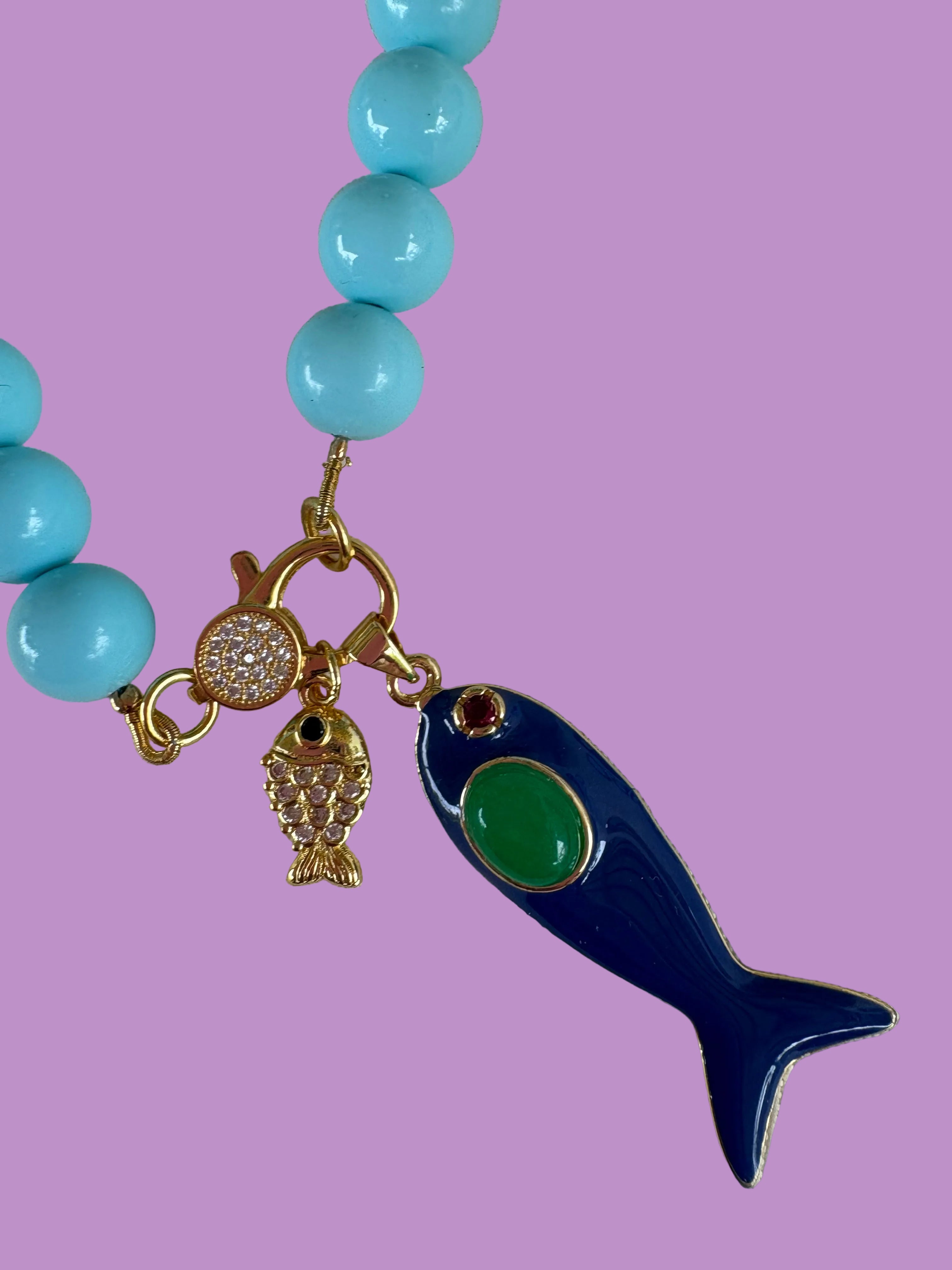 Collana OCEANO - Turchese  mm 10 - chiusura gioiello argento 925 - cm 60  pesce smalto blu