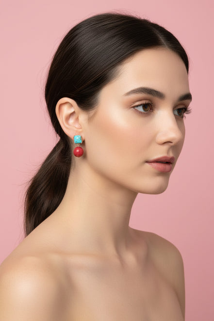 Orecchini  - MEDITERRANEA corallo rosso e turchese argento gold