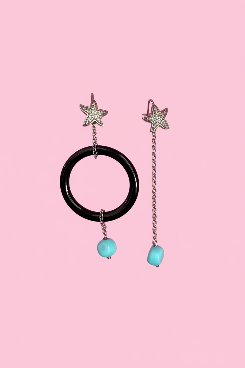 Orecchini asimmetrici - onice , turchese e argento 925