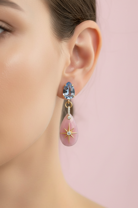 Orecchini  - Jaipur Agata rosa con stella del nord e cristalli azzurri