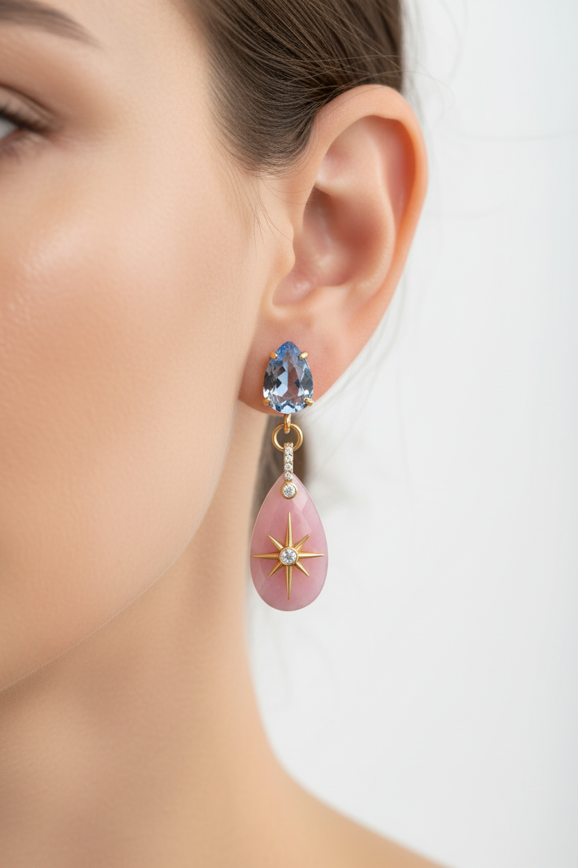 Orecchini  - Jaipur Agata rosa con stella del nord e cristalli azzurri