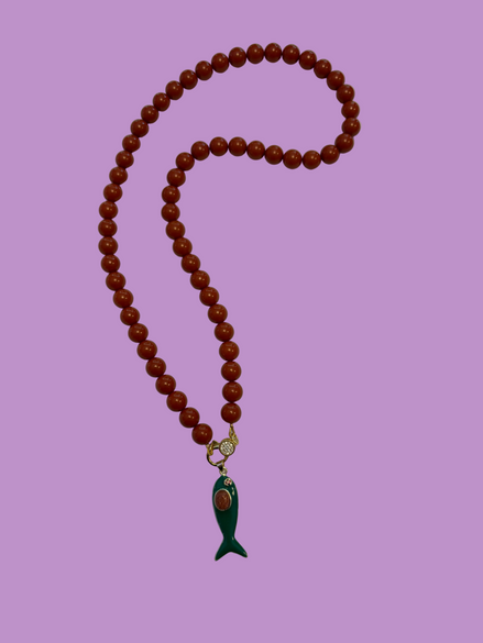 Collana MEDITERRANEA - Corallo rosso   mm 10 - chiusura gioiello argento 925 - cm 60 - pesce smalto verde