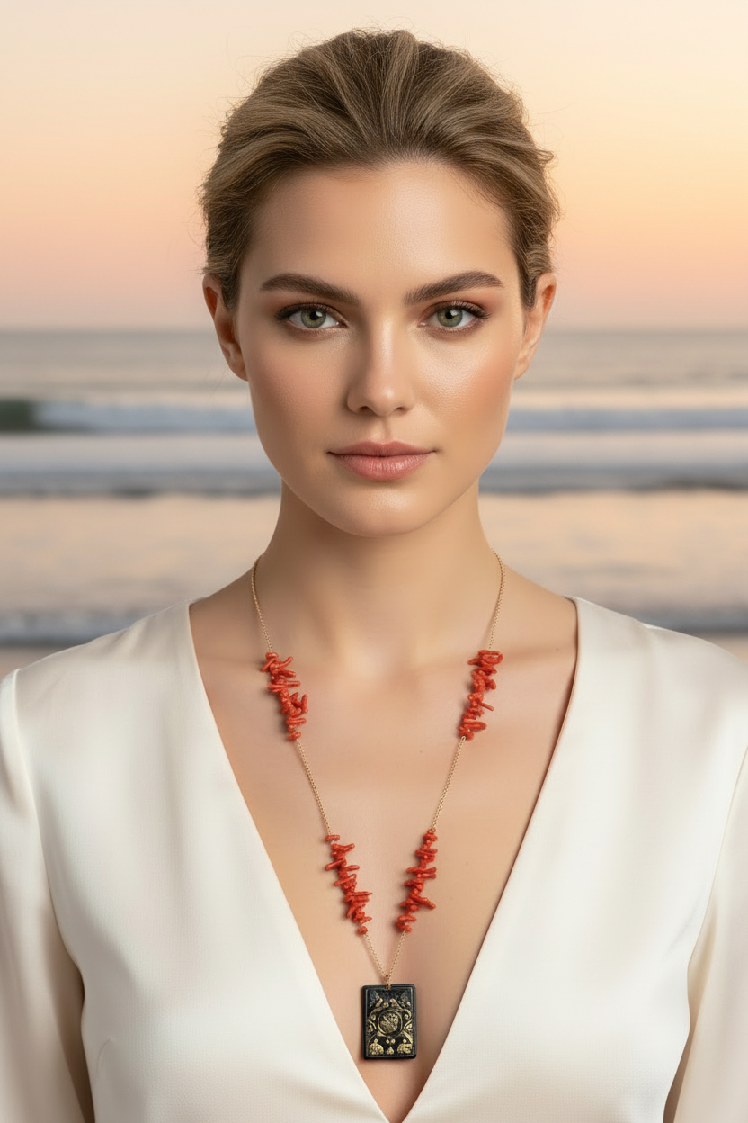 Collezione mediterranea - Collana con corallo rosso naturale e pendente di giada nera