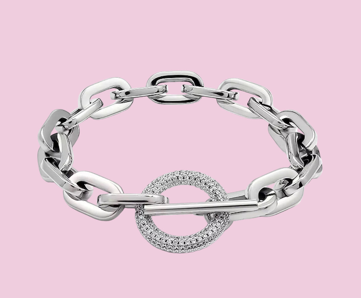 Bracciale Catena Rodio  con chiusura a T e zirconi - acciaio